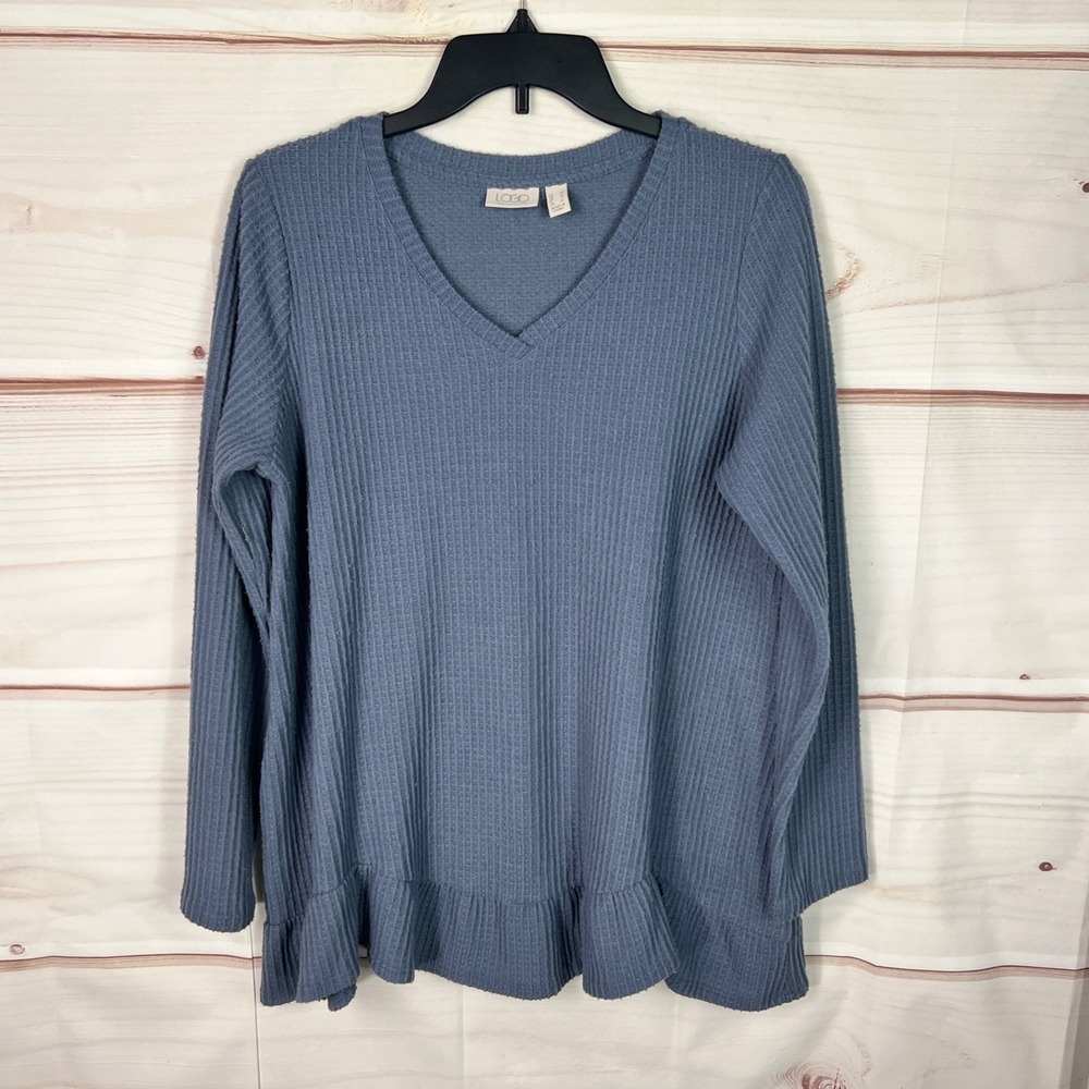LOGO Lori Goldstein Top Womens Medium Blue Cloud Waffle V-Neck Blouse Ruffle Hem